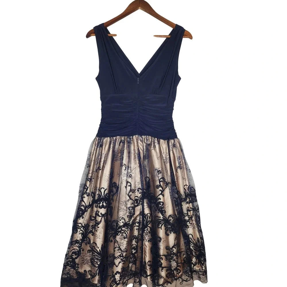 J.R. Nites by Carol‎ Lin Fit & Flare Royal Blue / Champagne Lace Skirt Dress 6 - Picture 2 of 11